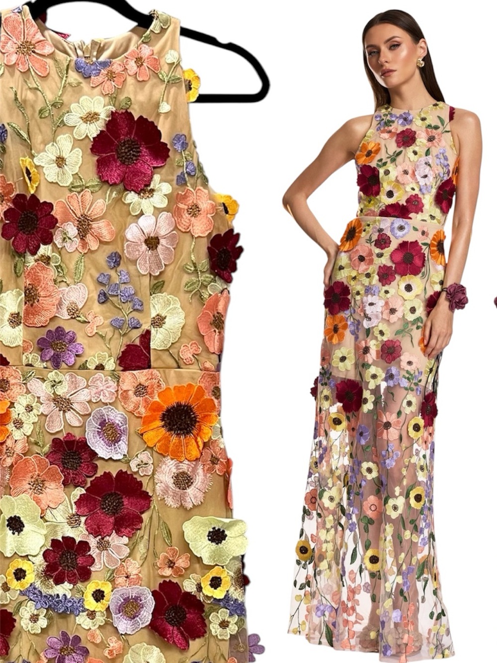 Elegant Floral Embroidered Mesh Maxi Dress